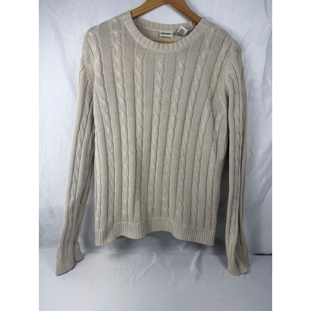 Cherokee Womens Large Beige Cable Knit Sweater 100% Cotton Crew Neck Long Sleeve
